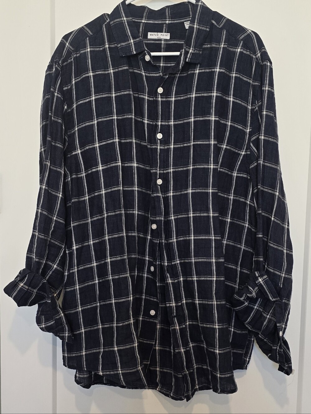 Match Point 100% Linen Men's Navy Windowpane Button-Up Shirt